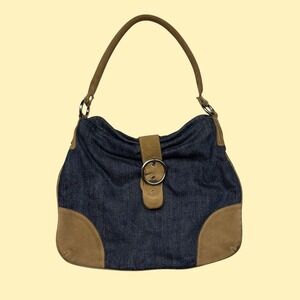 Express Denim Hobo Bag Dark Wash Tan Suede Trim Leopard Print Lining Y2K